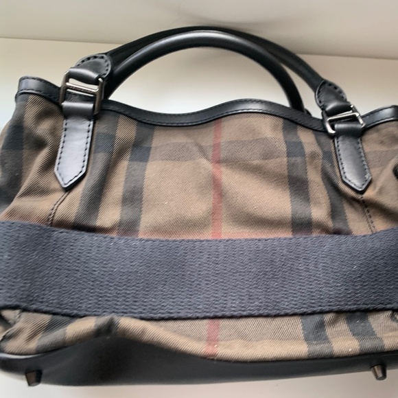 Burberry Dark Brown Plaid with Black Leather Trim Tote + Shoulder Strap - Picture 5 of 7